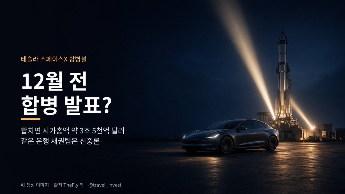 travel_invest's tweet photo. 테슬라와 스페이스X가 합치면 시가총액 약 3조 5천억 달러, 약 5천조 원짜리 회사가 됩니다. 바클레이스는 그 발표가 12월 전에 나올 수 있다고 봤습니다.

바클레이스 댄 레비의 14일 보고서입니다. 늦어도 12월 6일로 예상되는 테슬라 주주총회 전에 발표될 수 있고, 시장은 이미 합병을 기정사실처럼 본다고 했습니다. 11월 초까지 밀리면 주총 승인이 빠듯해진다고 했습니다.

재밌는 건 같은 바클레이스 안에서도 시선이 갈린다는 겁니다. 주식 쪽은 AI와 수직계열화 시너지를 보는데, 채권 쪽은 합병 효과를 "중립에서 약간 부정적"으로 봤습니다. 테슬라 현금도 AI와 로봇 투자에 다 들어가, 스페이스X의 현금 소진을 메워 주긴 어렵다는 겁니다.

물론 두 회사 모두 합병 계획을 밝힌 적은 없습니다.

여러분은 이 합병이 실제로 이뤄질 거라고 보시나요? 
언젠가인가 문제지 결국 합병 할것이라 봅니다.

#테슬라 #스페이스X