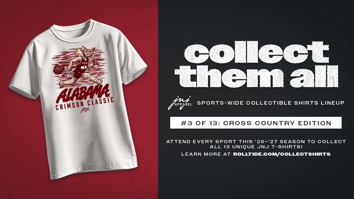 UA_Athletics's tweet photo. The "Collect Them All" collection continues Friday at the Crimson Classic! Grab shirt No. 3 of 12, the Cross Country JNJ Edition, at Harry Pritchett Running Park starting at 8:30 a.m. while supplies last.

#RollTide | @AlabamaTrack https://t.co/g314GmifI4