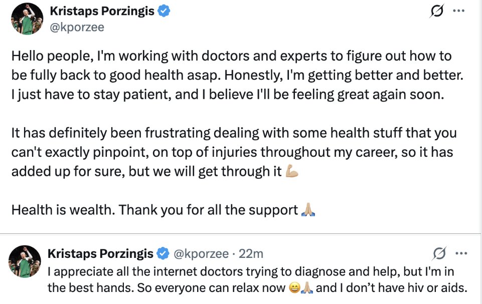 ClutchPoints's tweet photo. Kristaps Porzingis shares an update on his health:

"I appreciate all the internet doctors trying to diagnose and help, but I'm in the best hands. So everyone can relax now 😄🙏🏼 and I don’t have hiv or aids."

(via @kporzee) https://t.co/pLnJO0Jmkf