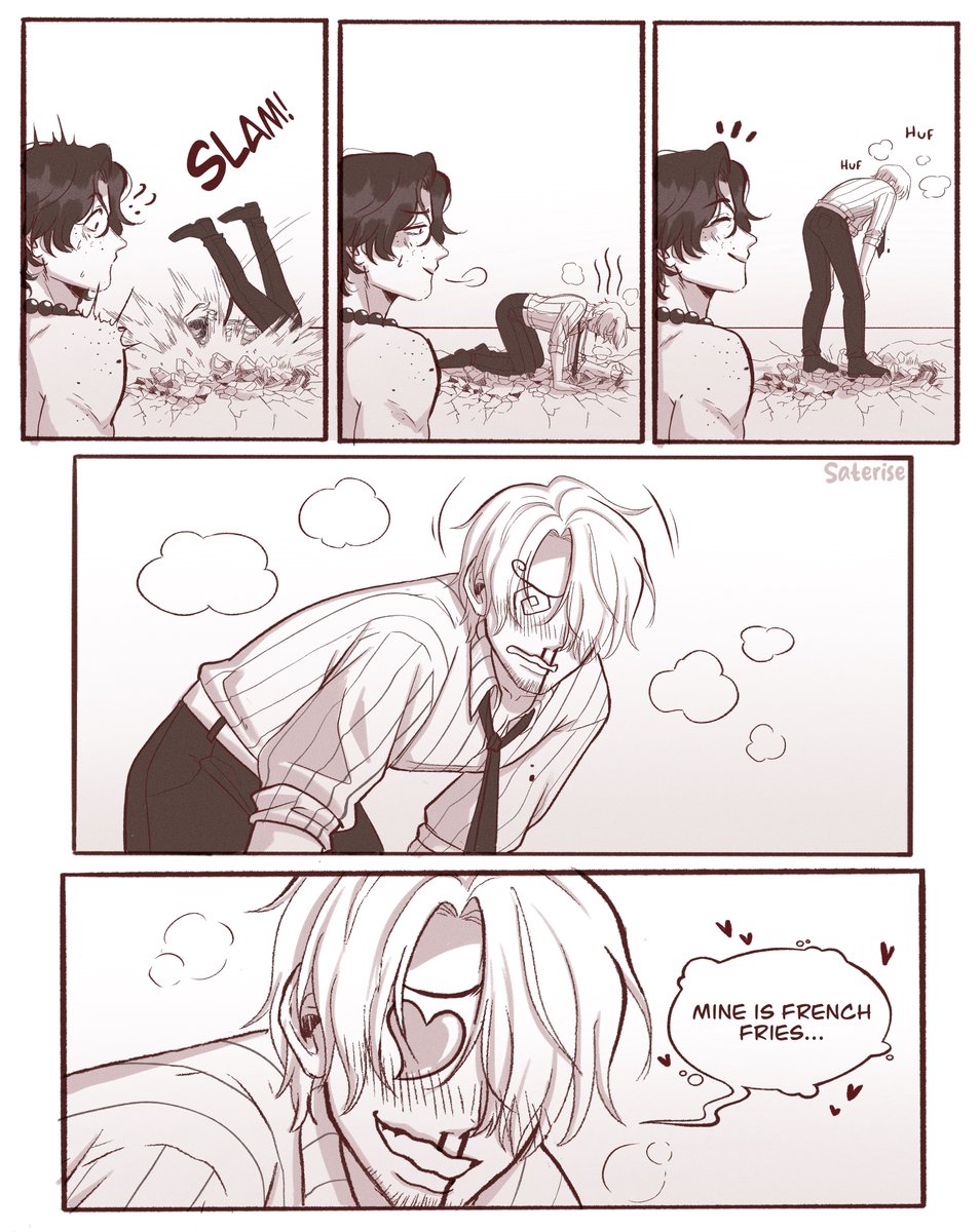 saterise2's tweet photo. Completely reasonable response to being flirted with by Ace btw
(Yes ik Sanji’s favourite food isn’t rlly fries)

#onepiece https://t.co/WzOC5qqAGb