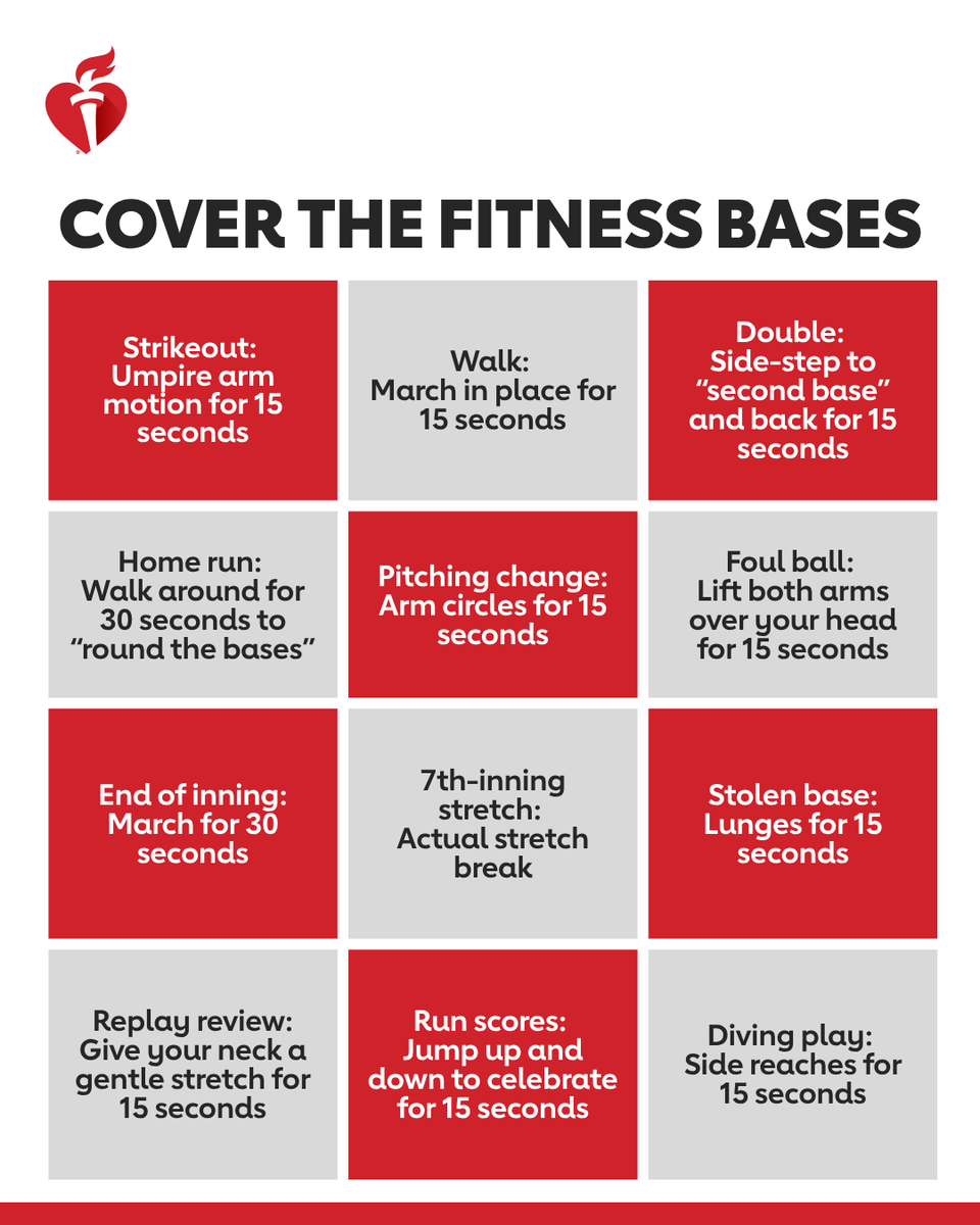 American_Heart's tweet photo. Next time there’s a break in the action, instead of reaching for your phone, try a little movement instead. ⚾ https://t.co/zPtP9ApNSx