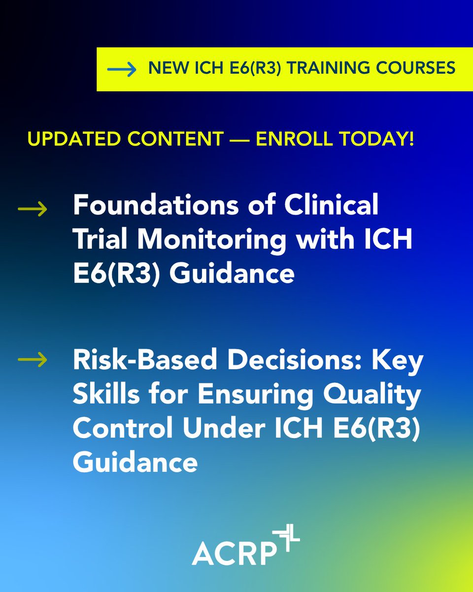ACRPDC's tweet photo. Explore two essential components of modern #ClinicalTrial oversight that are aligned to ICH E6(R3) guidance: monitoring &amp; risk-based quality management. 

Enroll in the ACRP Course Catalog > https://t.co/G3I7ZpktYw

ACRP Members can enroll at no cost > https://t.co/bPa4Kw9q6D https://t.co/wEM8zfPyXv