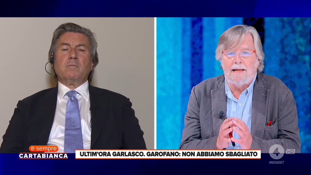 A split-screen Italian TV broadcast from 'Cartabianca è sempre' on Mediaset, showing two older male commentators with the ticker 'ULTIM'ORA GARLASCO. GAROFANO: NON ABBIAMO SBAGLIATO'.