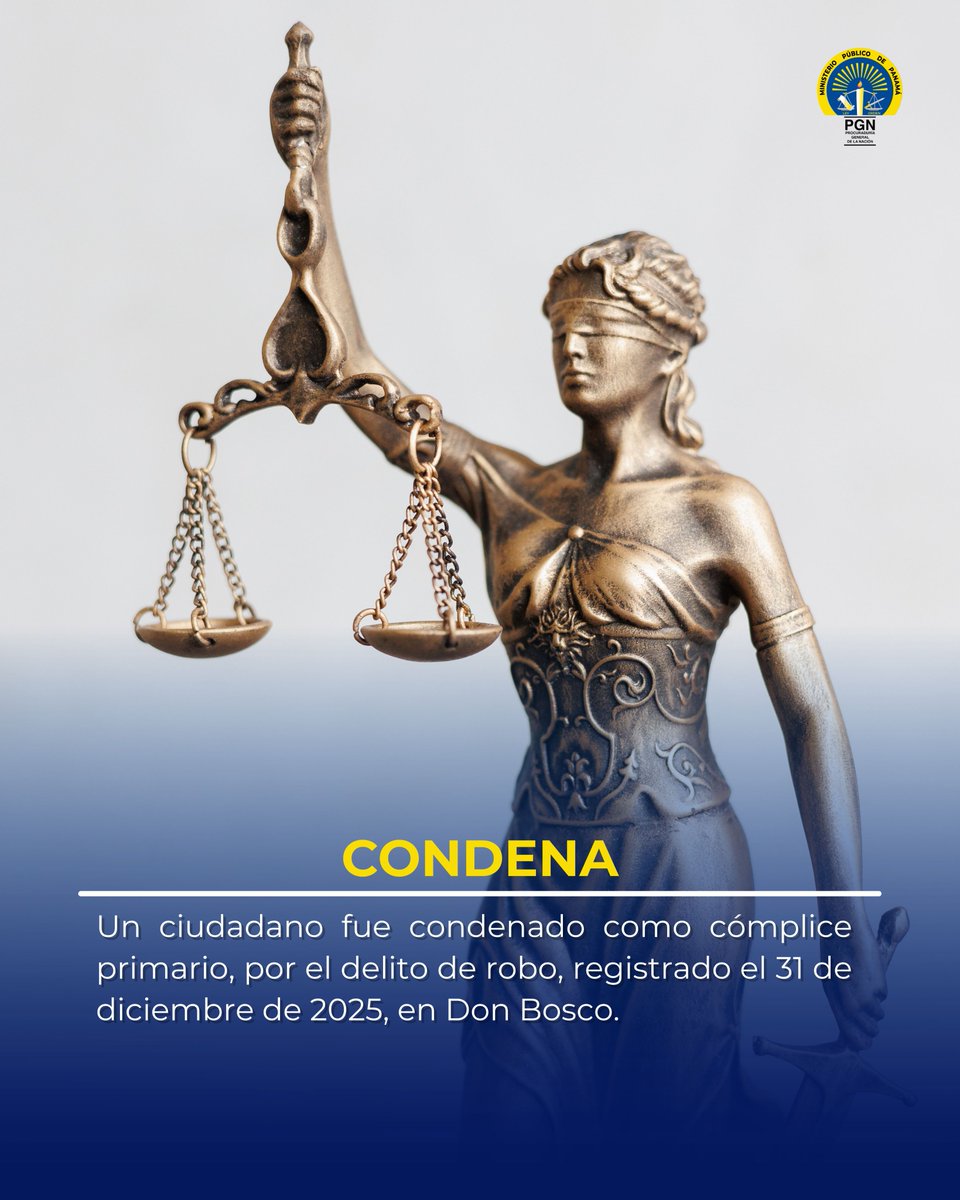 PGN_PANAMA's tweet photo. #Condena| ⚖️ La @PGN_PANAMA a través de su Sección Segunda de Delitos contra el Patrimonio Económico logró la condena de 75 meses de prisión para un hombre por el delito de robo agravado.

Más detalles: https://t.co/DDxFuu15le https://t.co/8gqT8gkWNw