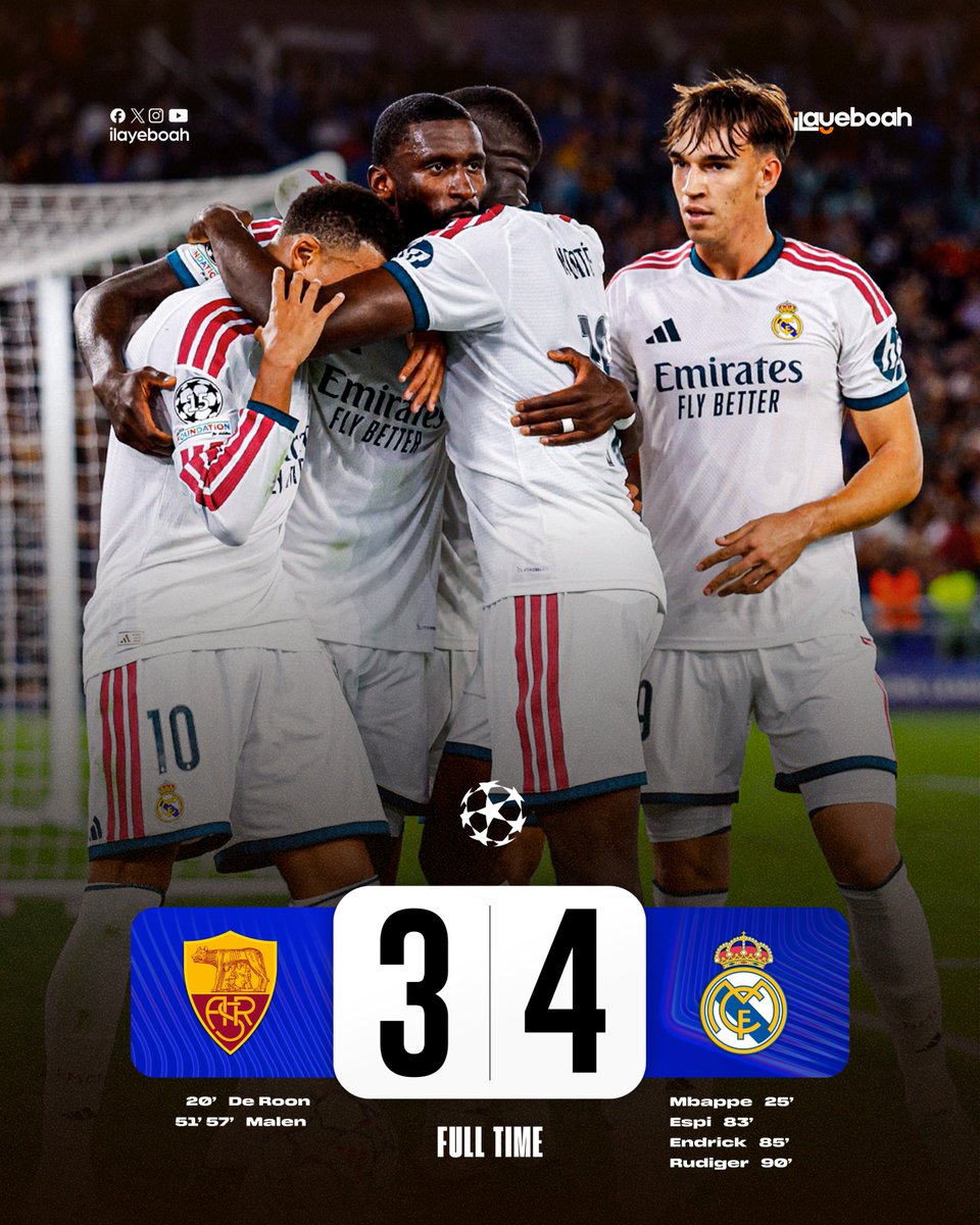 LeVeLs1937's tweet photo. Madrid left it late again.
Are we even surprised anymore?

#RealMadrid #ASRoma #UCL #ChampionsLeague #Madrid #Roma #Mbappe #Endrick #Rudiger #Malen #Football #CL #LaLiga #SerieA #FullTime #Matchday #HalaMadrid #Europe #Thriller #Comeback #LateGoals https://t.co/52tNovV34W