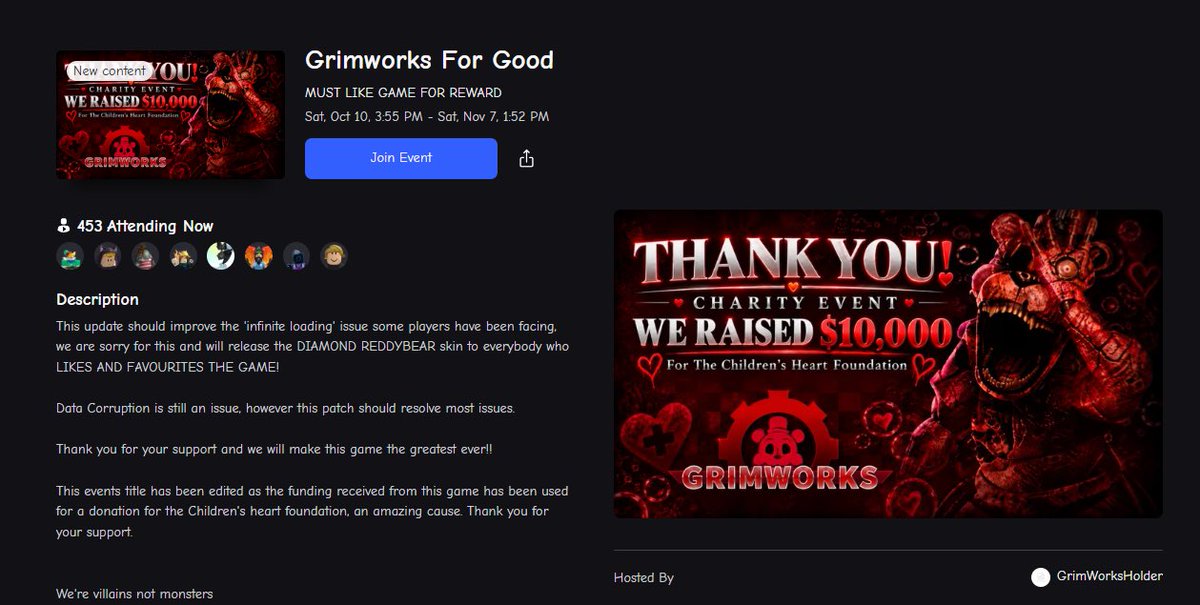 andrewiirillz's tweet photo. Making a fake to scam players is one thing, faking a charity to scam even more players crosses the line. 

Please spread this around, this game is NOT the real GRIMWORKS. Report the game, anything to take it down because this is DISGUSTING behavior. https://t.co/evTcAc3V2f