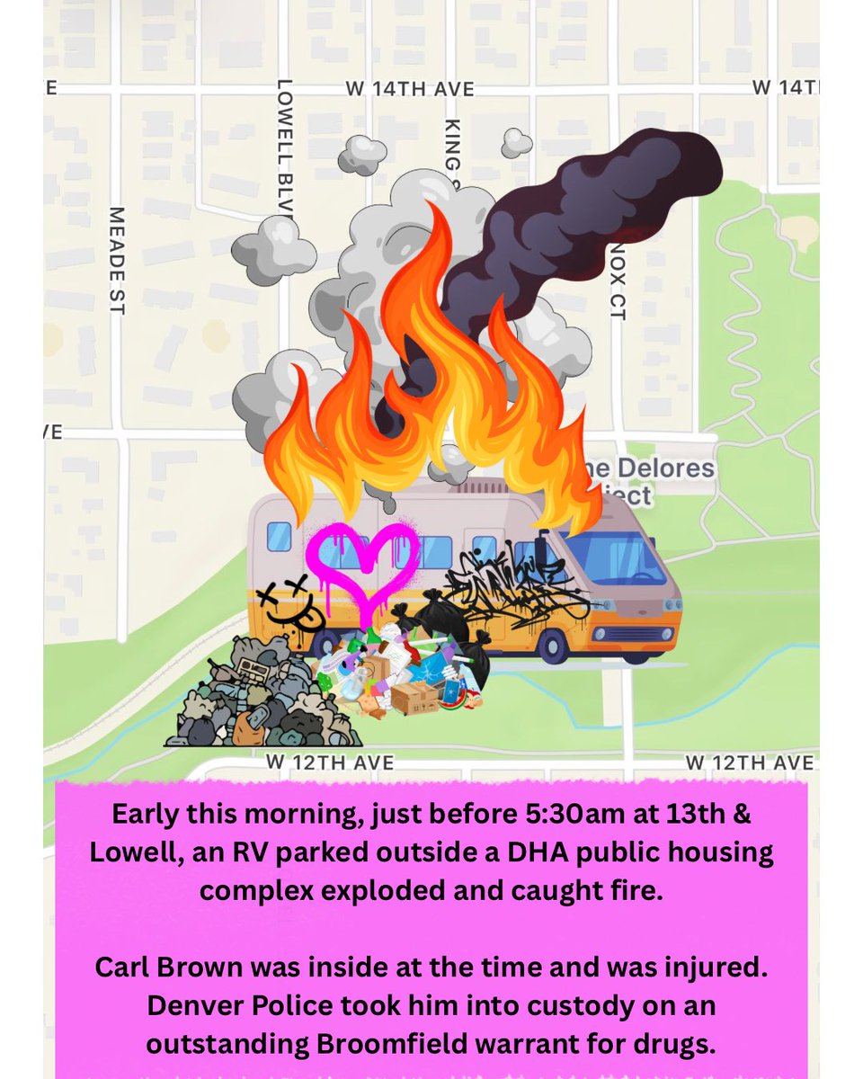 dobetterdnvr's tweet photo. Early this morning, just before 5:30am at 13th & Lowell, an RV parked outside of a DHA public housing complex exploded and caught fire.

Carl Brown was inside at the time and was reportedly injured. @denverpolice took him into custody on an outstanding Broomfield warrant for drugs.

Brown has a nearly 30-year Colorado criminal history spanning 77 arrest cycles from the mid-1990s through 2026 across the Denver metro area.

His record is dominated by repeated drug possession charges…many ending in guilty pleas, short jail stays, probation, or DOC time. It also includes aggravated vehicle theft, other theft-related cases, a 2007 assault that produced a misdemeanor conviction, identity theft, and multiple parole violations that sent him back to DOC.

How many more incidents like this have to happen before we stop enabling the same cycle of drug addiction, disorder and crime in our neighborhoods?
@mikejohnstonco