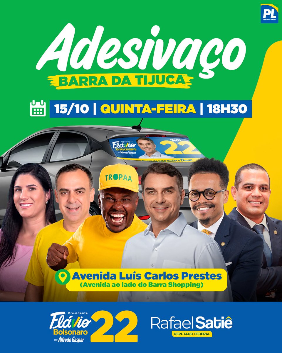 rafaelsatiebr's tweet photo. Amanhã é dia de adesivaço na Barra da Tijuca!

Vamos tomar as ruas com o nosso apoio a Flávio Bolsonaro 22!

📍 Avenida Luís Carlos Prestes, ao lado do Barra Shopping
🗓 Quinta-feira (15/10), às 18h30

Chama a família, os amigos e vem adesivar seu carro com a gente! Nos vemos lá!

@chagasbola @ToniettoChris @FelipeBolsonare @deputadomoraes