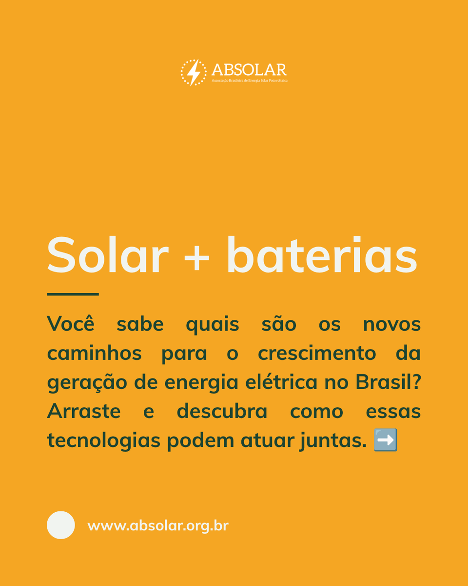 ABSOLAR_Brasil's tweet photo. Em um cenário de limitações no sistema elétrico e de oportunidades para os sistemas de armazenamento, o mercado fotovoltaico entra em uma nova fase.

Como a integração entre solar e baterias pode transformar o setor? Confira o post, comente e compartilhe!

A ABSOLAR defende que a modernização do sistema elétrico brasileiro tenha como eixos centrais a energia solar fotovoltaica, principal pilar da expansão da geração, e o armazenamento de energia, essencial para garantir confiabilidade, flexibilidade, estabilidade e eficiência ao sistema. 

Junte-se a nós! Associe-se! Acesse https://t.co/Wc2y4tJlCQ ou fale com nosso time Associativo: (11) 96649-6269.