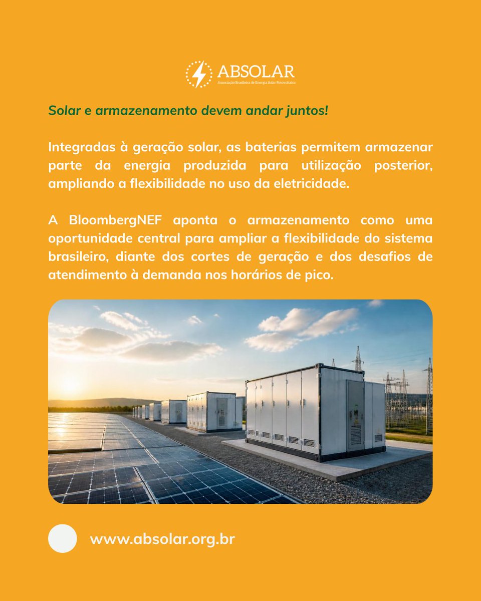 ABSOLAR_Brasil's tweet photo. Em um cenário de limitações no sistema elétrico e de oportunidades para os sistemas de armazenamento, o mercado fotovoltaico entra em uma nova fase.

Como a integração entre solar e baterias pode transformar o setor? Confira o post, comente e compartilhe!

A ABSOLAR defende que a modernização do sistema elétrico brasileiro tenha como eixos centrais a energia solar fotovoltaica, principal pilar da expansão da geração, e o armazenamento de energia, essencial para garantir confiabilidade, flexibilidade, estabilidade e eficiência ao sistema. 

Junte-se a nós! Associe-se! Acesse https://t.co/Wc2y4tJlCQ ou fale com nosso time Associativo: (11) 96649-6269.