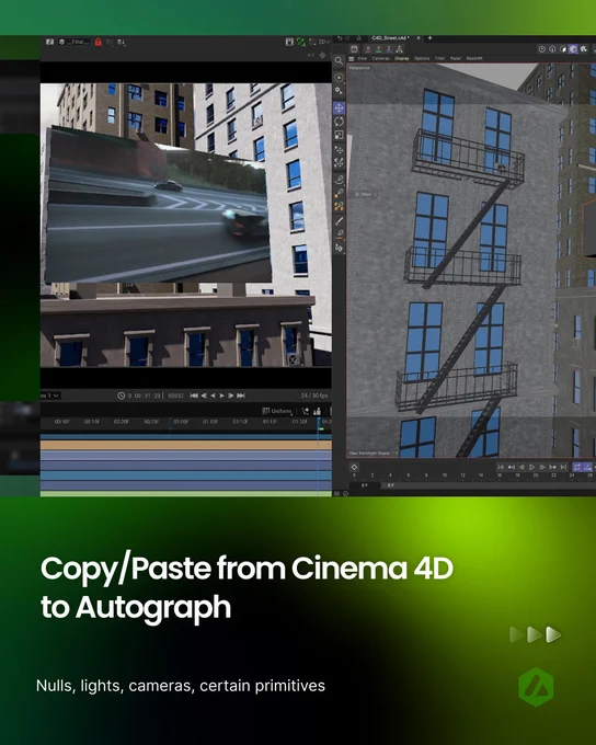 This image shows a software interface displaying a 3D modeling project. On the left, there's an animation scene featuring a fast-moving car on a street. On the right, a 3D model of a building with external staircases is shown. The text reads "Copy/Paste from Cinema 4D to Autograph. Nulls, lights, cameras, certain primitives" on a green background. An arrow encourages you to check out the rest of the images.