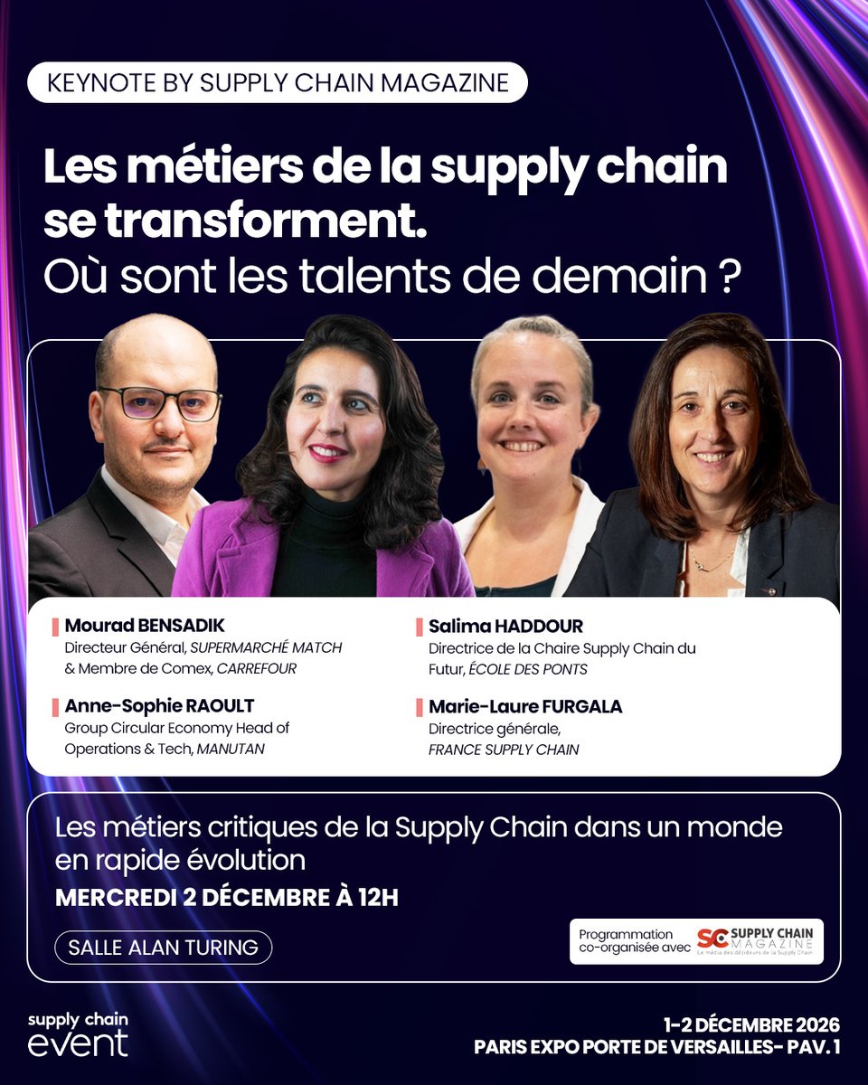 SCE_Event's tweet photo. 📅 Rendez-vous le mercredi 2 décembre, de 12h à 12h45, pour 𝘂𝗻𝗲 𝘁𝗮𝗯𝗹𝗲 𝗿𝗼𝗻𝗱𝗲 𝗱𝗲 𝗵𝗮𝘂𝘁 𝗻𝗶𝘃𝗲𝗮𝘂 à l’occasion de Supply Chain Event 2026.

@Manutan_Coll @CarrefourFrance @Fr_SupplyChain @EcoledesPontsMS 

🎟️ https://t.co/cv3XQNQEdN https://t.co/YOlWOHDI7g