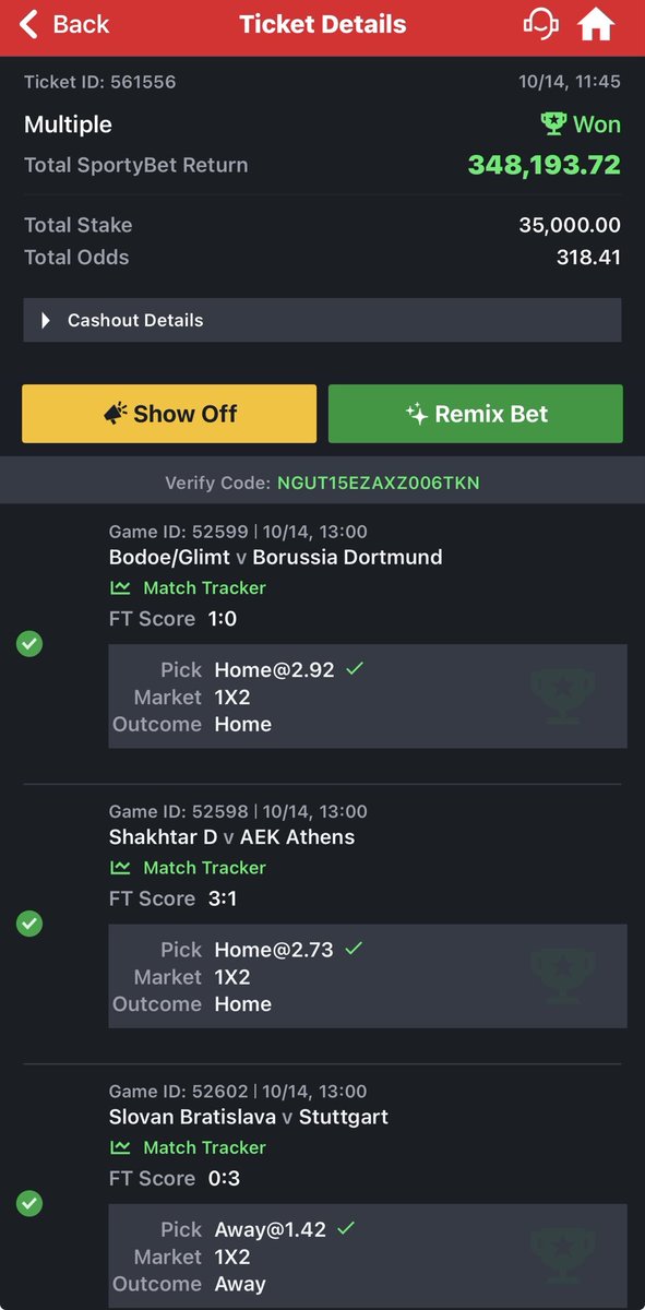 Gameboyxoxo's tweet photo. Staked ₦35,000 on SportyBet to win over ₦13 million. Madrid was down 3-2 when SportyBet offered me ₦348,193.72 to cash out. I panicked and took it. Five minutes later, Madrid won 4-3 and the ticket landed. Lesson learned: don't panic cash out. 😩 

who else pressed cash out?😂 https://t.co/wSYE0Yjexd