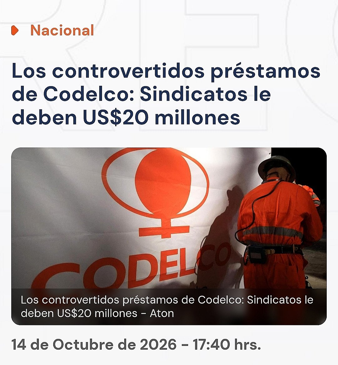 Chileno17039890's tweet photo. #URGENTE Sindicatos de Codelco adeudan un total de US$20.189.265 a la compañía tras recibir millonarios préstamos que se mantienen impagos... ES UN ACTO DE CORRUPCIÓN Y ROBO A LOS CHILENOS NUNCA ANTES VISTO DE LOS SINDICALISTAS (Autopista Central, Mara SEDINI, Sichel #granizos) https://t.co/64KtEtuAg0