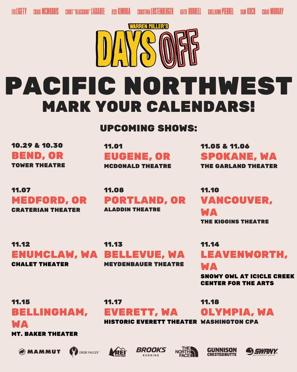 WarrenMillerEnt's tweet photo. Pacific Northwest, we’re headed your way! We’ve got plenty of Days Off tour stops planned across Washington and Oregon, plus independent screenings happening along the way 🍿

Check out our website for the full list of shows: https://t.co/Y3FFt0Ftn8 #WarrenMiller https://t.co/2NHATV9HZ1