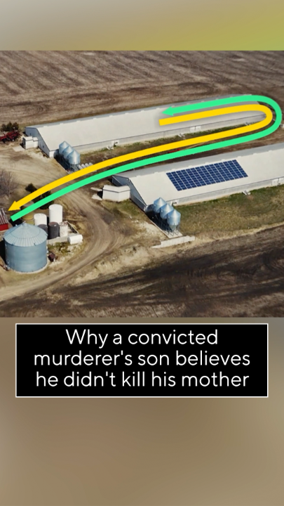 An aerial view of a farm property features green and yellow arrows tracing a path between buildings, with text reading 'Why a convicted murderer's son believes he didn't kill his mother.'