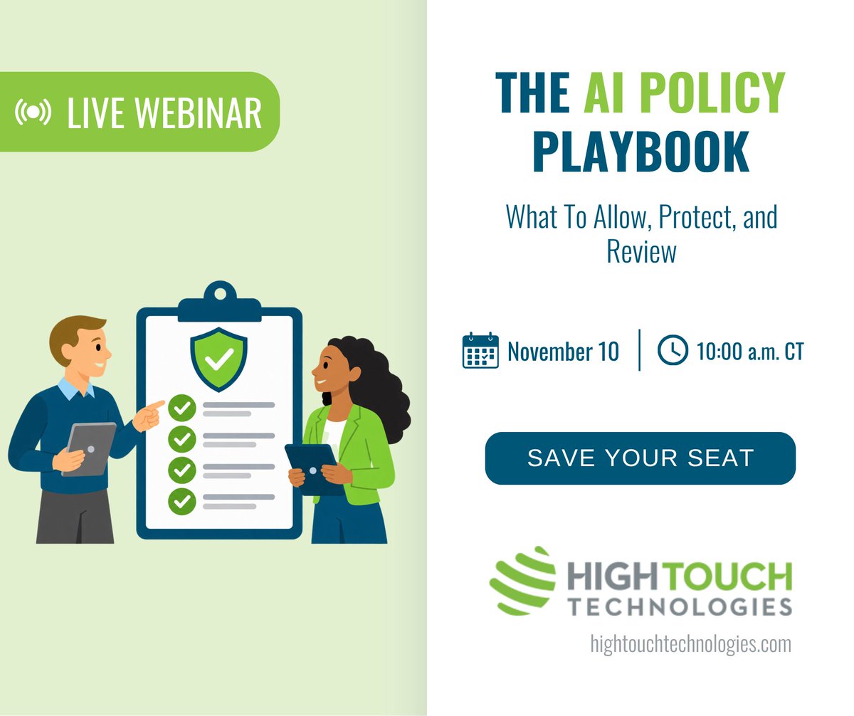 HighTouch's tweet photo. Building an AI Acceptable Use Policy for your business? Join our team  for a step-by-step, 30-minute webinar to help you assess current AI use and plan your policy.

Nov. 10 at 10 a.m. CT. #AIPolicy

Registration link in the first comment. https://t.co/wJ9AOyQV25