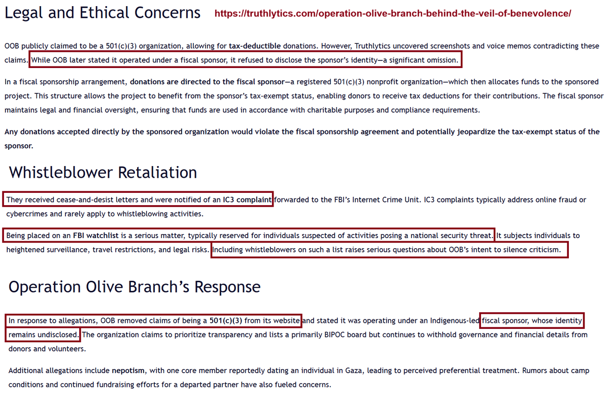 GiveMeBanHammer's tweet photo. -This "charity" allegedly abandoned its 501(c)(3) self-attribution as a "Non-profit" on its website, after being investigated by many people.
-The "charity" allegedly gives all the funds it raised to a "fiscal-sponsor", whose name till now remains undisclosed, making it practically impossible to audit the money movement.
-They allegedly sent four whistleblowers who used to work in Operation Olive Branch, Cease and Desist letters, and also tried to have them added into an FBI watchlist to keep them quiet.
-$200k unaccounted for AT LEAST, could easily be way more
-Gave money to another "foundation" that was allegedly funding very bad organisations that did NOT give money to the children, women, or elderly in need despite claiming they would.

Quite the "Charity partner" you have there, English Voice Actors. How did you manage to miss all these red flags? Or is it on purpose?