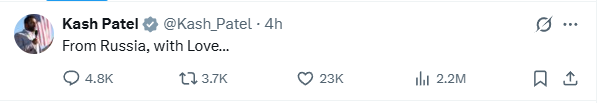 YourAnonCentral's tweet photo. Trump regime loyalist and FBI director Kash Patel tweeted "From Russia, with Love" as Russia rains missiles down on civilians in Ukraine and attacks allies. https://t.co/8B0EVwia4s