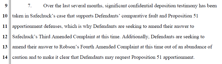 MJJRepository's tweet photo. The estate notes how recent depositions taken as part of Safechuck's case likewise support this:

"Over the last several months, significant confidential deposition testimony in Safechuck's case has emerged that readily supports the comparative fault and Proposition 51 defenses." https://t.co/d0gjnJn9BB