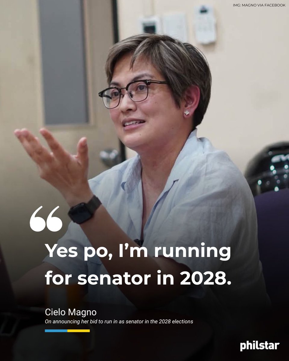 PhilstarNews's tweet photo. ECONOMIST, FORMER FINANCE USEC ANNOUNCES SENATE BID

Former Department of Finance Undersecretary and economy professor Cielo Magno announced that she will run for a senatorial position in the 2028 elections.

Magno, speaking at a forum in Italy, said that she will focus on healthcare as part of her platforms, as well as reforms in the country’s industrial policy.

In 2023, the Malacañang terminated Magno from her position in the Department of Finance for being “unsupportive” of the administration’s programs.