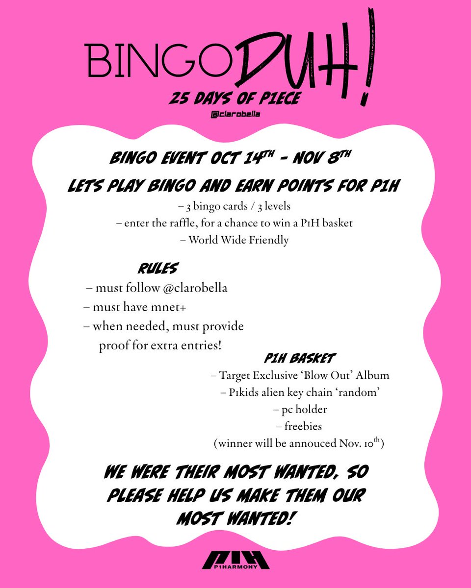 clarobellaa's tweet photo. Want a chance to win a P1H Basket??
Play some bingo and earn some entries! 
lets give back to p1harmony in a fun way!! 
Make sure to message &amp; follow me for entry of my raffle!! 
Have fun and remember to vote for P1harmony🧩
#bingoDUH #P1H #KCONERS #P1HARMONY #P1ECES https://t.co/y8diueN7Av