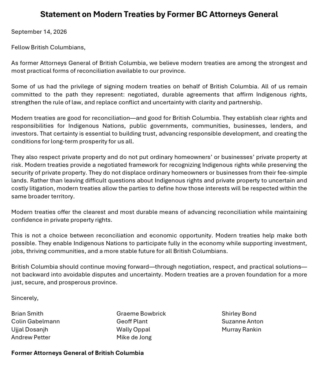 Solidarity101's tweet photo. Eleven former BC Attorneys General from three different political parties had to fact-check the BC Conservative lies around fee simple home ownership and the modern treaty process.

Stop falling for their lies and bigotry.  #bcpoli https://t.co/aEHTdlNUAX