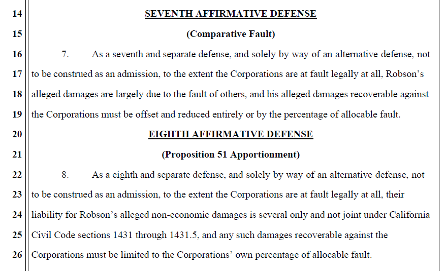 MJJRepository's tweet photo. 7) Comparative Fault: Alleged damages are largely due to the fault of others, alleged damages recoverable must be offset and reduced entirely or by the percentage of allocable fault.

8) Proposition 51 Apportionment: Similar concept as above, as a refined argument and defense. https://t.co/fqKcVOpPRA
