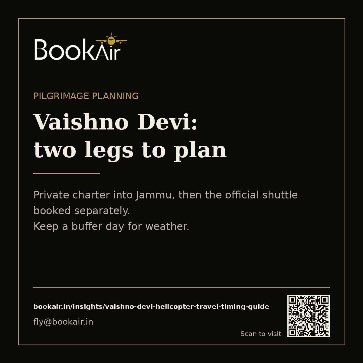 BookAir_in's tweet photo. Vaishno Devi with elders? Plan two legs.

We arrange private charter into Jammu. The helicopter shuttle onward is government-regulated and booked through official channels, not by us. Keep a weather buffer day.

https://t.co/8AqHf9g1RR

#BookAir #IndiaTravel #CharterFlight https://t.co/3HOMnO0ZXa