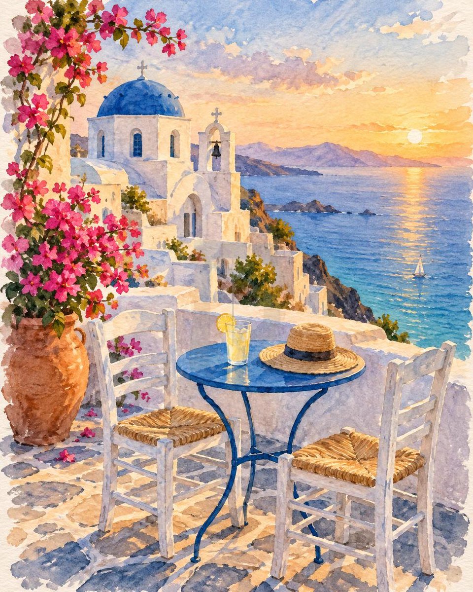 inkroom_ai's tweet photo. One island terrace, three forms: a photo, a watercolor, a sticker sheet. Make the scene once, reuse it everywhere. https://t.co/l4R5q7dGkg