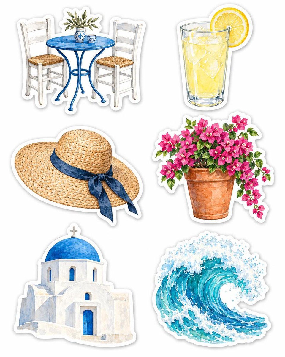 inkroom_ai's tweet photo. One island terrace, three forms: a photo, a watercolor, a sticker sheet. Make the scene once, reuse it everywhere. https://t.co/l4R5q7dGkg