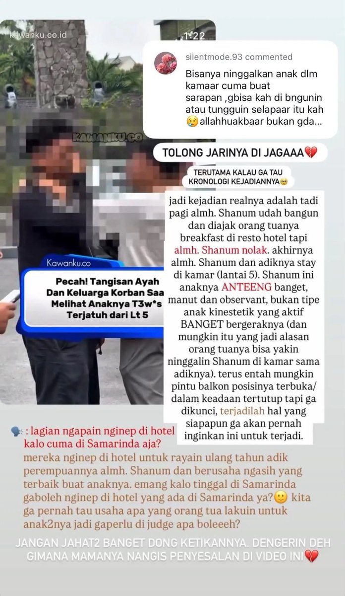 aracisoyo's tweet photo. nangis banget baca berita anak umur 3 tahun jatuh dari balkon hotel lantai 5 saat orangtuanya lagi breakfast di hotel tsb😭💔

ini bener-bener kelalaian orang tua! mau dia lagi tidur, atau nolak ikut sarapan, atau apapun alasan lainnya, itu anak masih kecil! bisa kan lu ganti-gantian pergi sarapannyaa?

bener-bener ga ada rasa sense of fearnya sebagai orang tua, masa ga khawatir ninggalin anak umur 3 tahun dan 1 tahun di kamar hotel dengan pintu balkon terbuka... 😭💔