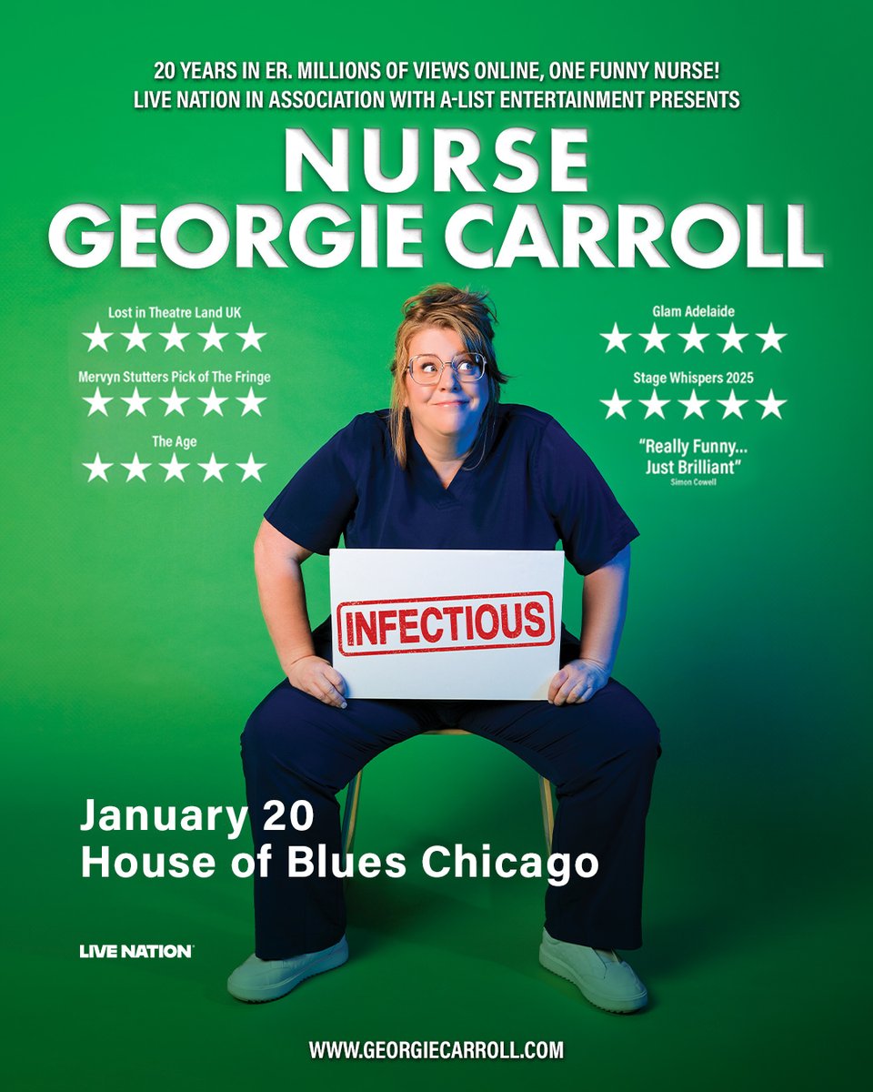 HOBChicago's tweet photo. Don’t miss Nurse Georgie’s Chicago debut! Tickets on sale now for Nurse Georgie Carroll’s hilarious, wildly popular, sell-out smash hit show, INFECTIOUS at House of Blues on Jan 20! Don’t miss it! 🎟️🤣

https://t.co/DOEAG2n2Cj https://t.co/b2tyHIQgLi