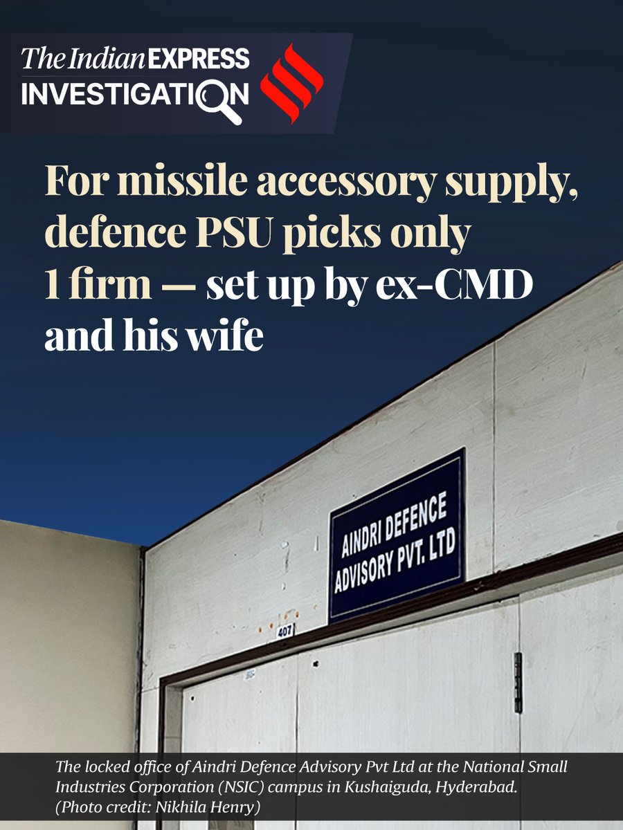 IndianExpress's tweet photo. #ExpressInvestigation | For the first time in 3 years, defence PSU Bharat Dynamics Ltd (BDL) has issued a single tender for optical sights to a private company set up by its former CMD Siddharth Mishra and his wife. The Rs 56.8-crore tender to Aindri Defence Advisory raises questions over conflict of interest and propriety, with the company having cleared the technical evaluation and its financial bid now under evaluation.

🔗 https://t.co/bJxyD0bHMf

Written by: Pratyush Deep
