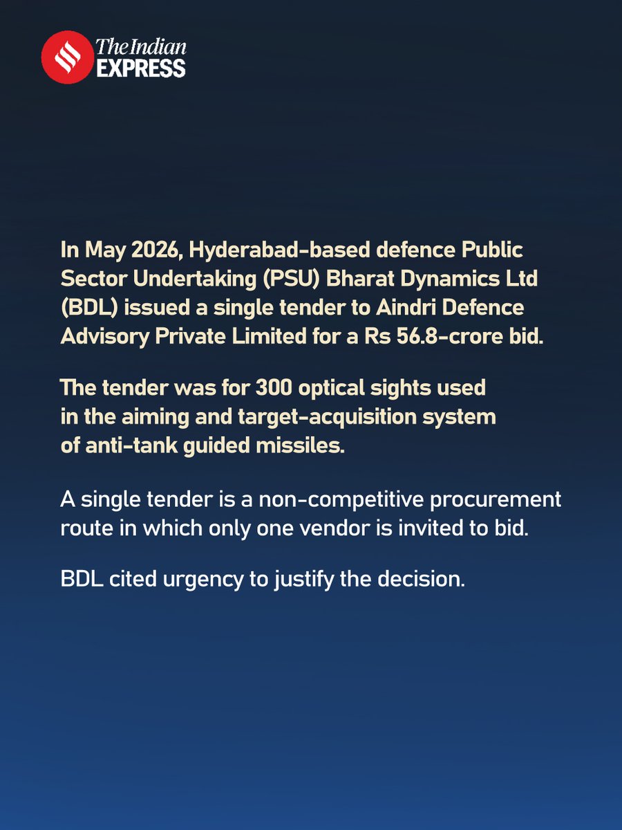 IndianExpress's tweet photo. #ExpressInvestigation | For the first time in 3 years, defence PSU Bharat Dynamics Ltd (BDL) has issued a single tender for optical sights to a private company set up by its former CMD Siddharth Mishra and his wife. The Rs 56.8-crore tender to Aindri Defence Advisory raises questions over conflict of interest and propriety, with the company having cleared the technical evaluation and its financial bid now under evaluation.

🔗 https://t.co/bJxyD0bHMf

Written by: Pratyush Deep