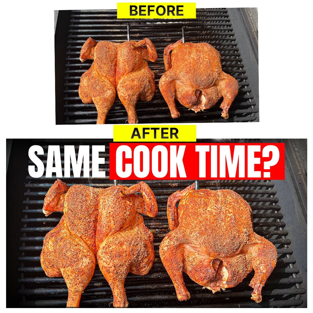 a_razagraphics's tweet photo. **Before → After:** Two chickens side by side + bold “Same Cook Time?” headline.  
Low views on grilling/cooking science content? Thumbnail is the fix.  
Next upload? DM me. https://t.co/pqgD4M7uet