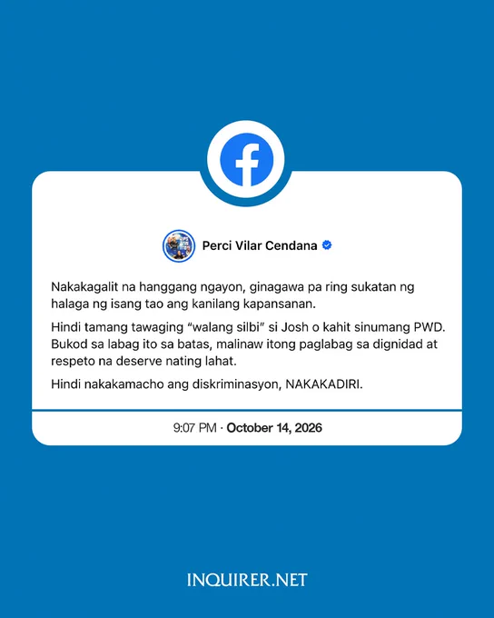 Akbayan Rep. Percival Cendaña adds his voice to those calling out the hosts of the Machong Chismisan podcast for mocking Kris Aquino’s eldest son, Josh, by calling him “walang kwenta.”