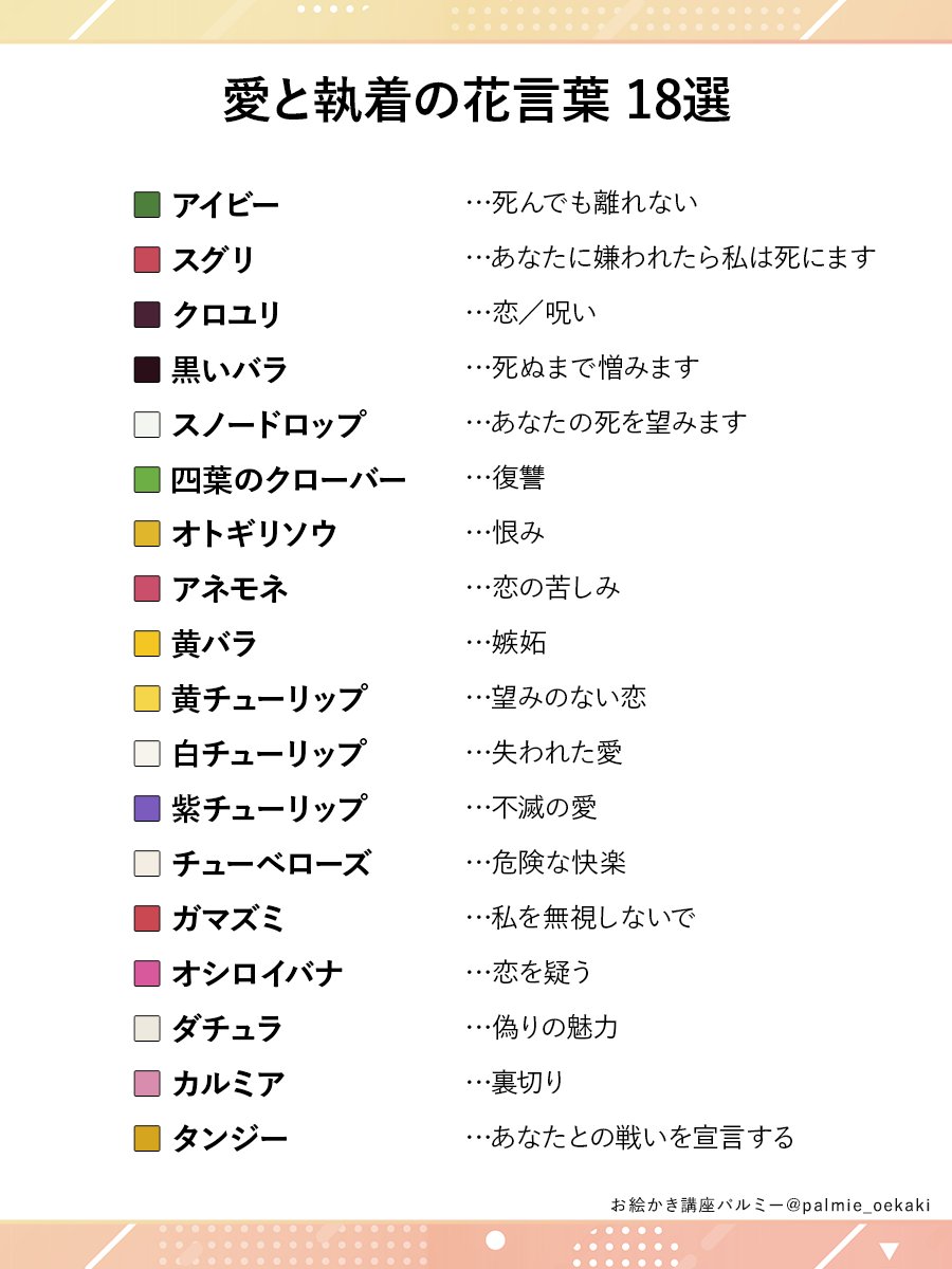 palmie_oekaki's tweet photo. 愛の重い花言葉をまとめました🥀
創作のネタにどうぞ……！ https://t.co/ZOWCdndHsn