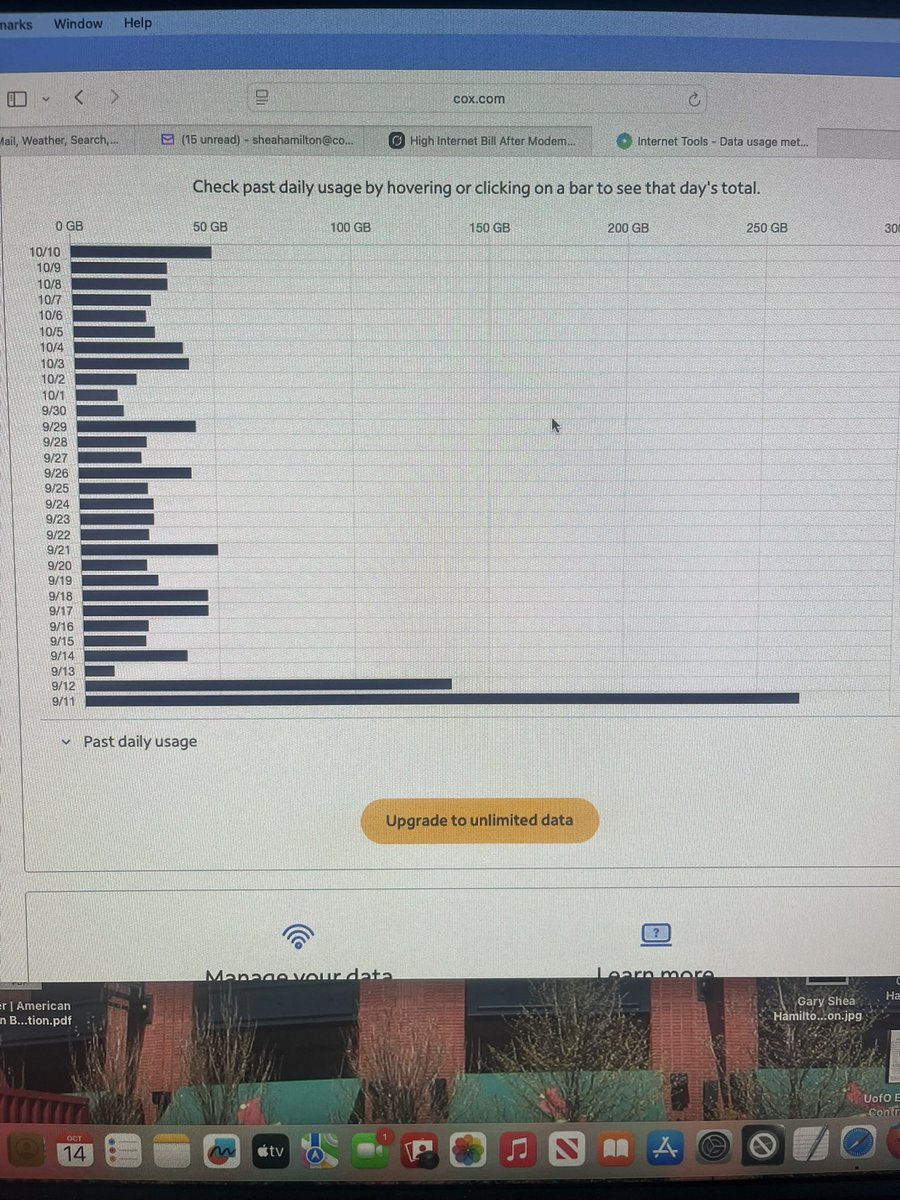 SheaHamilton's tweet photo. How’s this for an anomaly bill? Consistent data usage w/ @CoxComm around 1300 for months and now one month over 5x my monthly norms, almost all of it on 1 day!! Spoke to 5 agents today, no help. Well if Cox is now @GetSpectrum then Shea is now shopping alternatives! https://t.co/rYMFqYBkgF