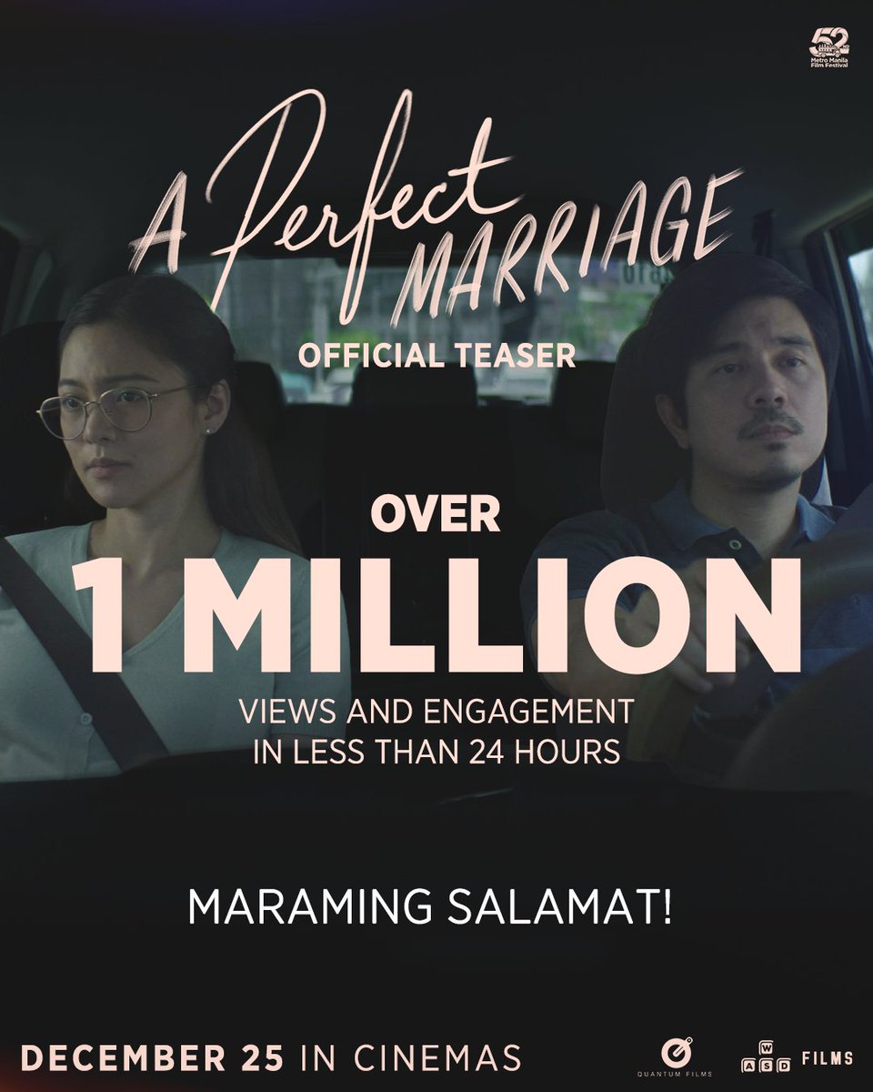 quantumfilmsph's tweet photo. Sapat na sapat at nag-uumapaw ang pagmamahal para sa A Perfect Marriage! Nakaka-MORE THAN 1 MILLION views and engagements na ang #APerfectMarriageTeaser—and counting.

Maraming salamat po! 🥺

#APerfectMarriageMMFF
#MMFF2026
#QuantumFilms
#WASDFilms https://t.co/pMk4HMTish