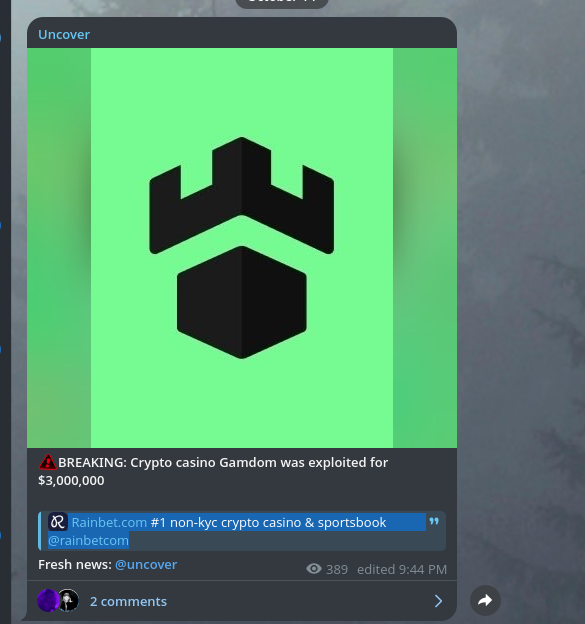 duelslave2's tweet photo. BREAKING: Crypto casino Gamdom was exploited for $3,000,000   https://t.co/k2u1TJvXkr #1 non-kyc crypto casino &amp; sportsbook https://t.co/pUgL7fNmAA
