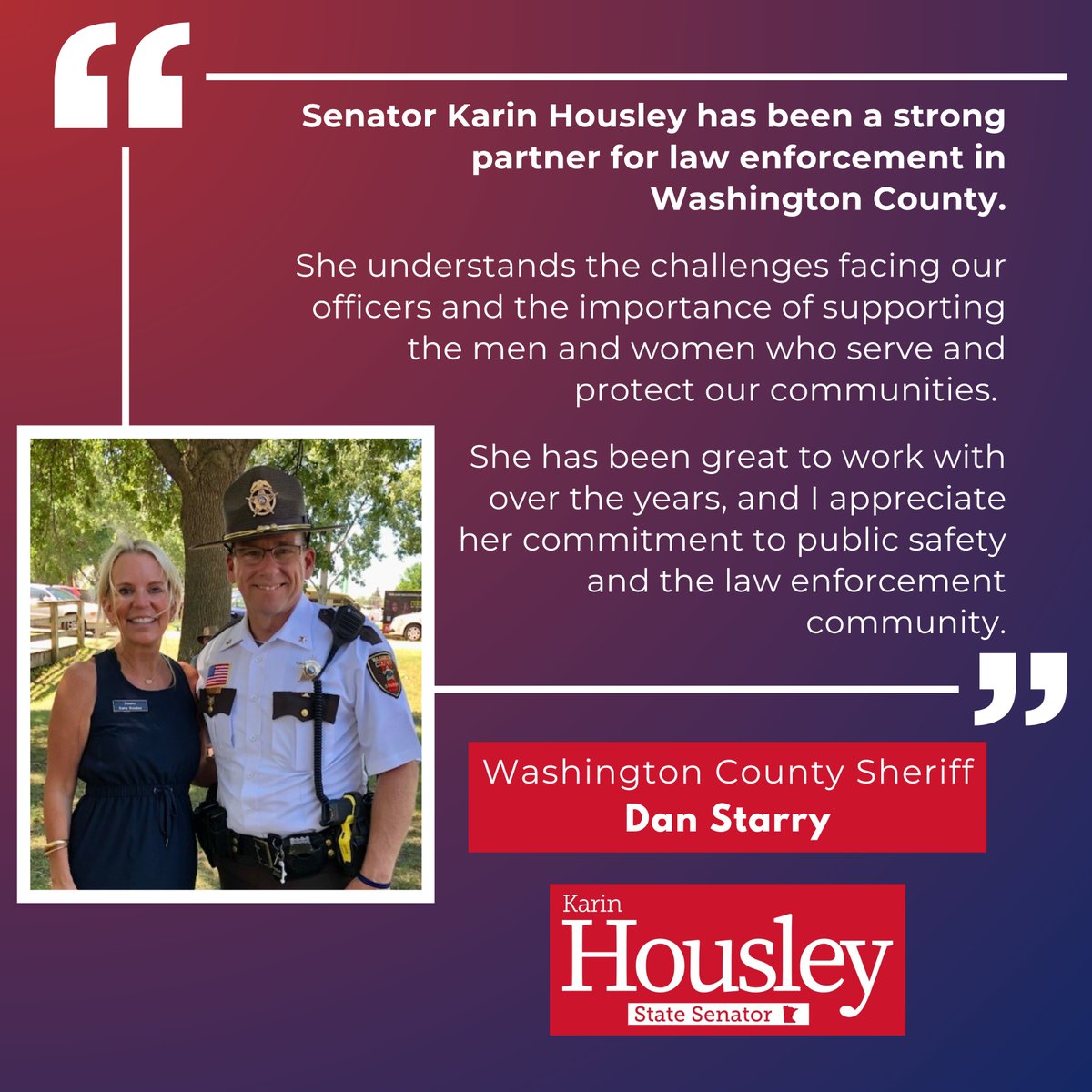 KarinHousley's tweet photo. Having Sheriff Dan Starry in my corner means so much! 💙 

Over the years, I’ve valued his perspective on the challenges our officers face and our shared commitment to keeping Washington County safe.

Dan, thank you for your kind words, your partnership and most of all, your friendship. As you get ready for retirement, know that I’ll keep standing up for the men and women who serve and protect our communities. I’ll miss working alongside you, but I know we have plenty of friendship ahead! 

#mndistrict33 #sd33 #housleyforsenate