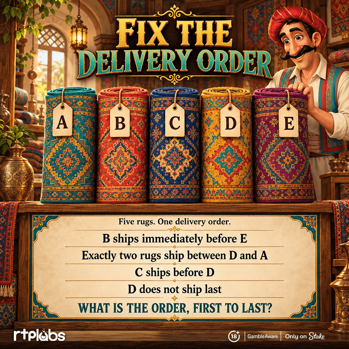 rtplabs's tweet photo. He left you five rugs and a note. Apparently that counts as instructions 😂

What’s the delivery order?

https://t.co/ziRwHhrYLD

18+ | Please gamble responsibly. https://t.co/X2GgebkhR6