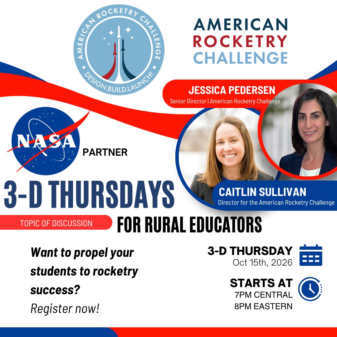LaunchWithARC's tweet photo. 🚀 Rural educators: join @LearnWithNASA on Oct. 15 at 8 PM ET to discover how your students can take part in the American Rocketry Challenge.

🔗 Register: https://t.co/hpgauLLt7l

#NASA #STEMEducation #AmericanRocketryChallenge https://t.co/rnmhBYE0hZ