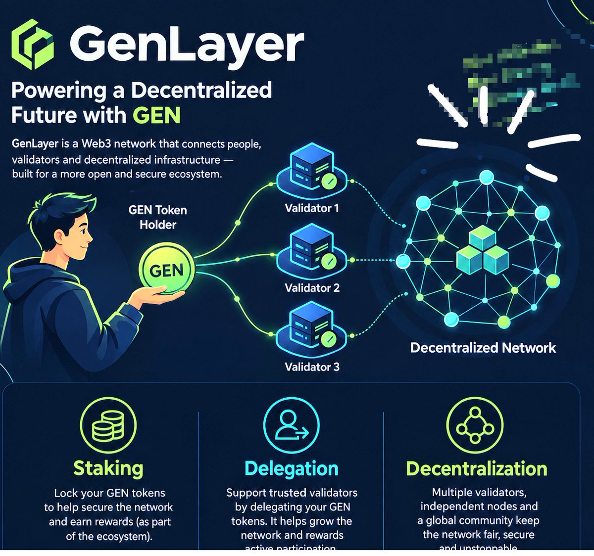 Dforth2's tweet photo. One thing I learned about @GenLayer: staking isn't just about rewards.
Delegating GEN means supporting validators that help secure the network.
I'd spread my GEN across a few reliable validators instead of relying on just one.
#GenLayer #Staking #Delegation #Web3 https://t.co/O2T61pKMZU