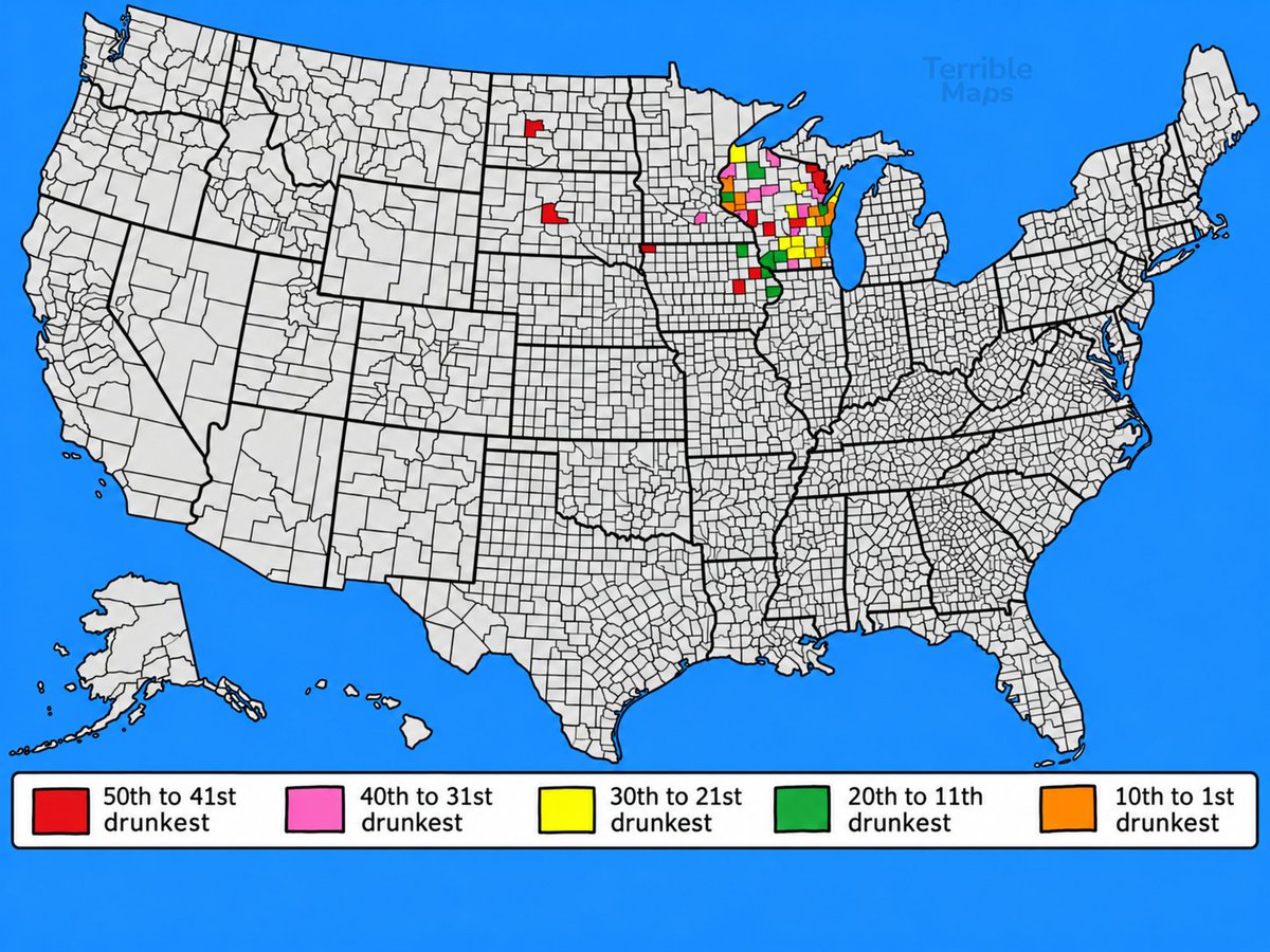 TerribleMaps's tweet photo. The 50 hardest-drinking counties in the U.S. https://t.co/PWpBPI4dx1