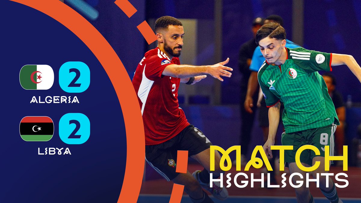 A futsal match highlight graphic showing Algeria and Libya players competing, with the final score displayed as Algeria 2 - Libya 2, accompanied by the text "MATCH HIGHLIGHTS." The image visually represents the 2-2 draw mentioned in the post about the TotalEnergies AFCON Futsal 2026 match.
