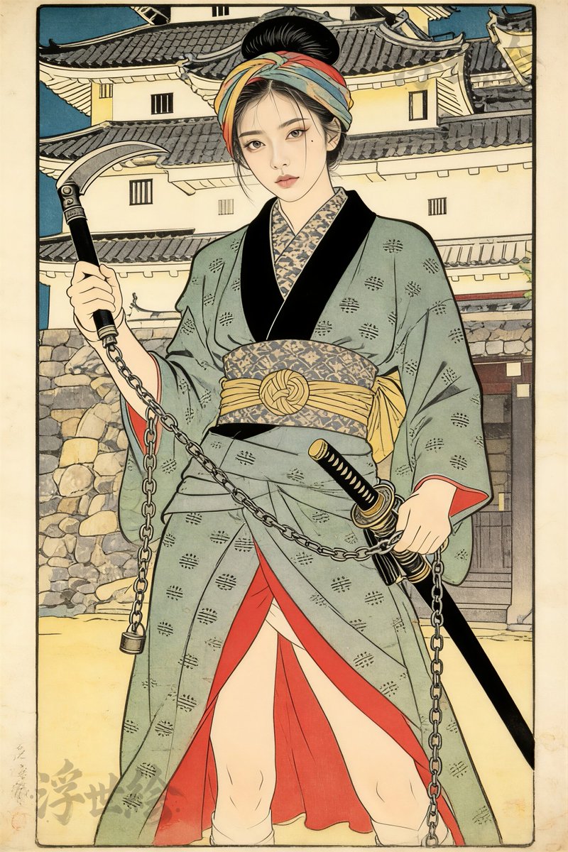 ai_ukiyoe's tweet photo. 古城を背にした、凛とした佇まいの女武者に目を奪われますね！浮世絵のような美しい線で描かれた和装に、カラフルなターバンが現代的なスパイスを加えています。

#浮世絵 #aiart #墨絵 https://t.co/WQdlXWkBm2