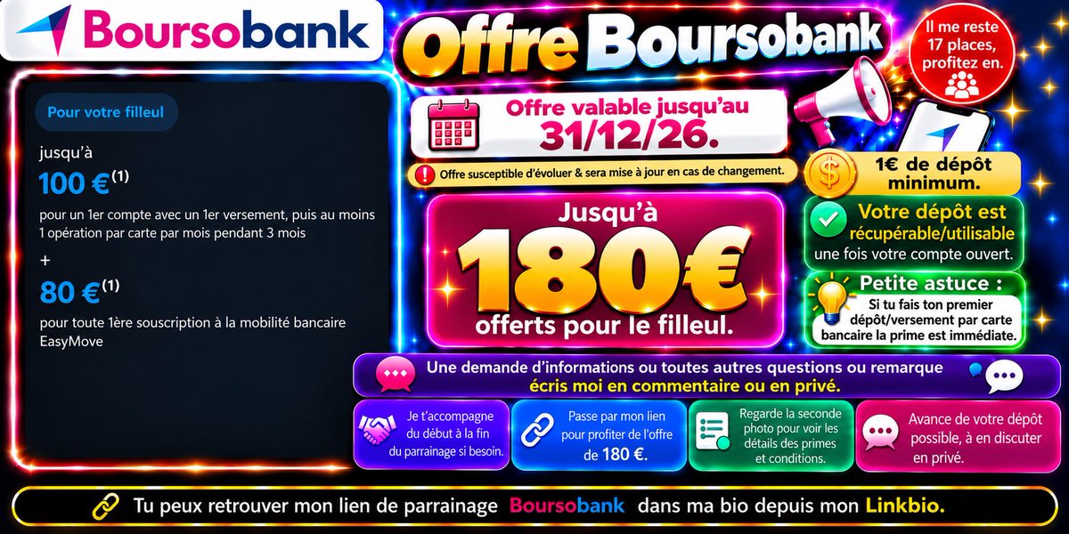 Cashparrainoff's tweet photo. 🔔 Parrainage Boursobank ! Jusqu'à 180€ offerts ! 🎁Jusqu'au 31/12/26 ⏰ 
Profite de l'offre via le lien ci-dessous ⬇️
👉🏻 https://t.co/leZpzkXiJf.

🚨 Offre susceptible d'évoluer & sera mise à jour en cas de changement 🔔

Lis attententivement la description écrite & Consulte les photos pour voir les conditions & primes, preuve d'avance de dépôt & de prime reçus et preuve de parrainages validé 🔔👀

1€ de dépôt minimum 💰Votre dépôt est récupérable une fois votre compte ouvert 🔔Possibilité d'avance sur votre dépôt, à en discuter en privé 💬

🚨Retrouve à tout moment mon lien de parrainage Boursobank depuis ma bio via mon Linkbio

👨🏻‍💻 Si besoin : Je t'accompagne du début à la fin du parrainage ou pour toutes autres informations ou remarques.

💡 ASTUCE : Pour que ta prime sois credité imédiatement, effectue ton 1er dépôt par carte bancaire 💡

🚨 Le délai du dépôt par virement est plus long que le délai du dépôt par carte bancaire qui est immédiat 🚨

Repost/Partage apprécié 🙏🏻🔄

N'hésite pas à laisser un avis, une note, un commentaire sur mon Linkbio ou ma Page Facebook pour me soutenir et m'encourager. Ton soutien compte énormément pour moi et ça m'aiderai beaucoup 🙏🏻🫶🏻

#Boursobank #parrainage #offre #parrainagebancaire #offrebancaire #prime #viralreeĺs #viralㅤㅤ
