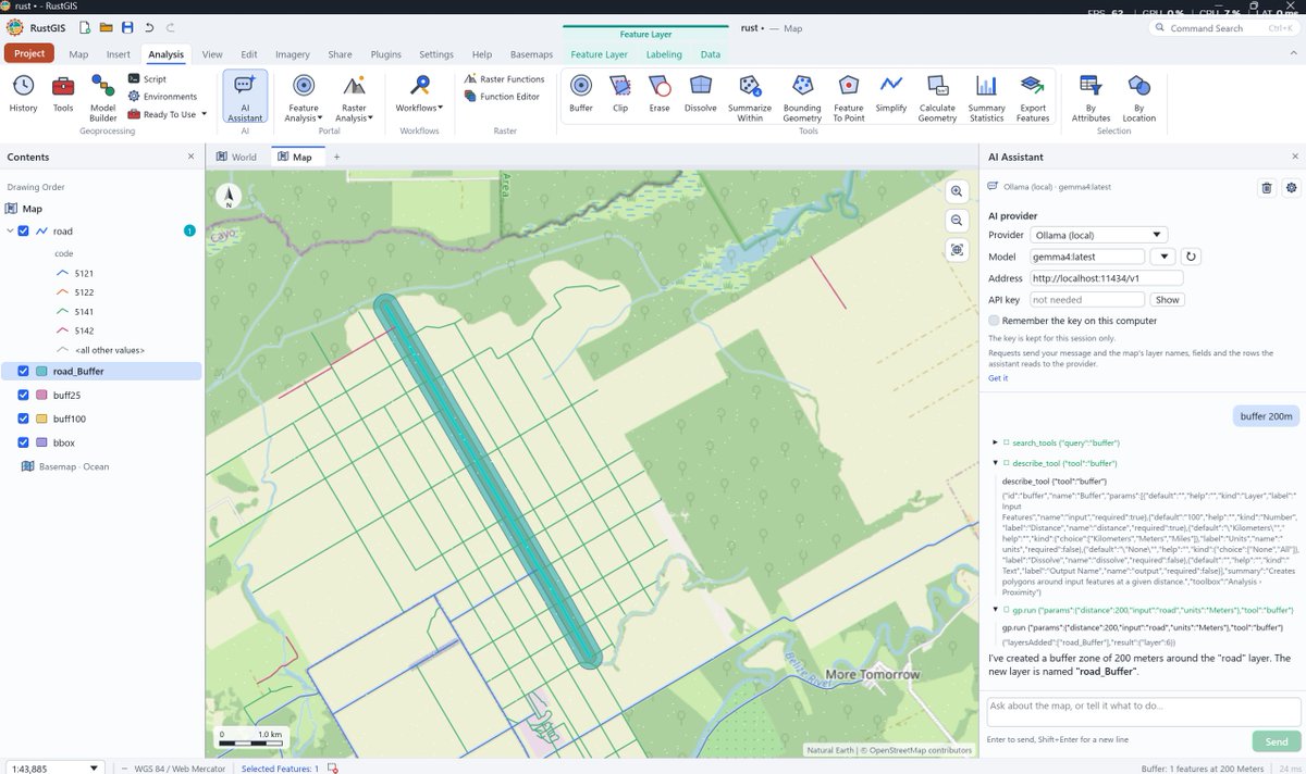 mapperz's tweet photo. Rusting..... testing RustGIS https://t.co/JMVxYYos8g talking to Ollama (local) with #gemma4 #gis #automation #dev testing.... buffering on windows11 (linux next?) https://t.co/bMh4jjigpI